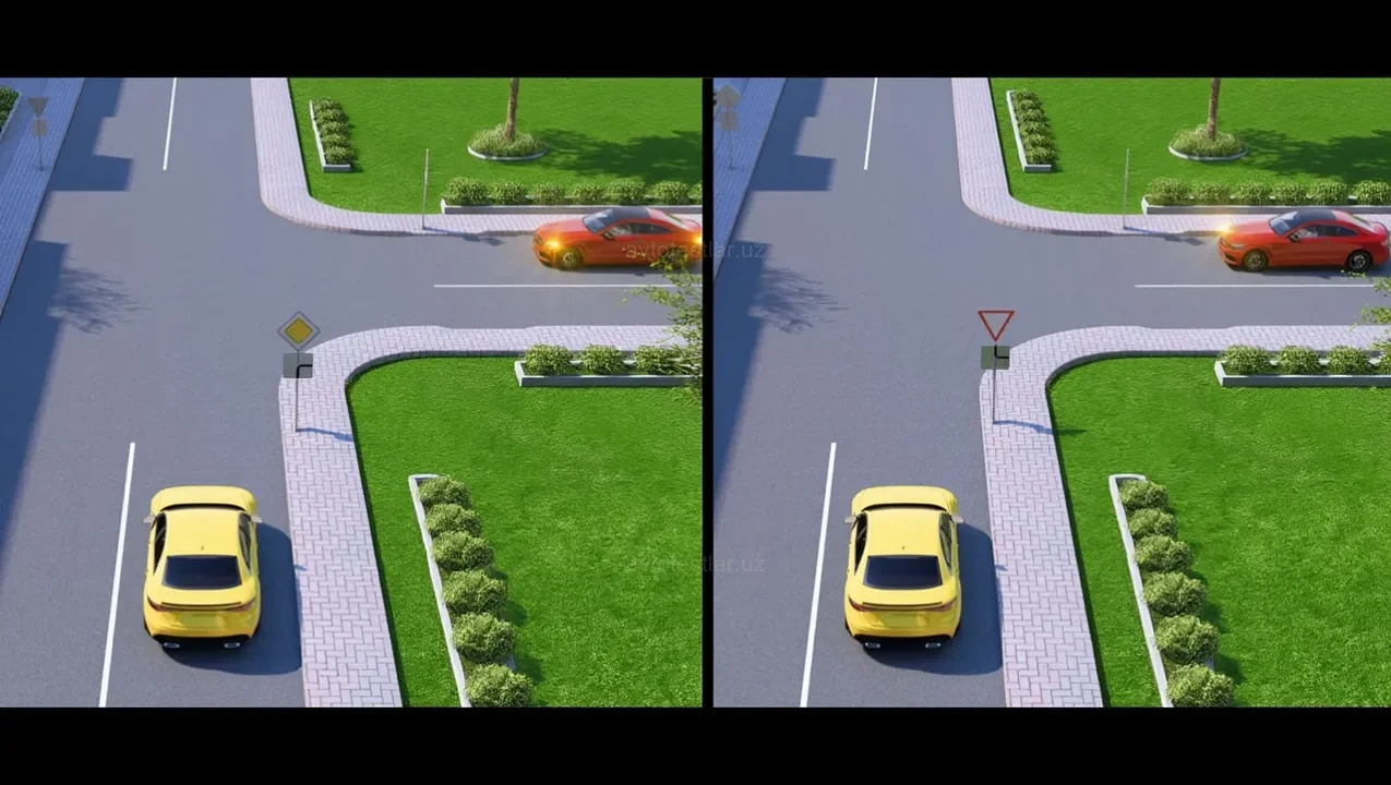 Qaysi rasmda sariq avtomobil haydovchisi qizil avtomobilga yo'l berishi kerak?