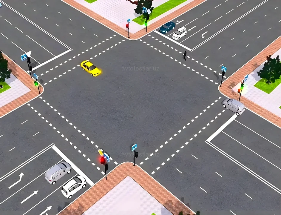 Chapga burilayotgan sariq avtomobil haydovchisi qaysi bo'laklarni egallashi kerak?